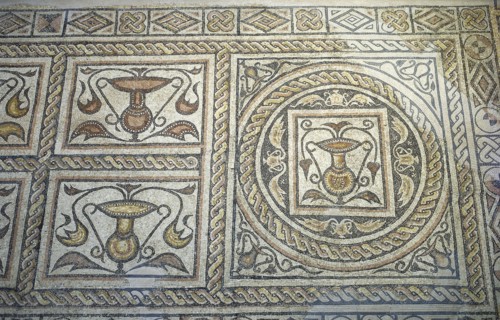Roman mosaic. Decoration with vessels. 1st century AD. From Merida (Augusta Emerita). National Museum of Roman Art. Merida. Spain.