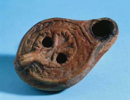 Early Christian art. Roman lamp. Terracotte. Chi Rho symbol. From Catalonia. Spain.