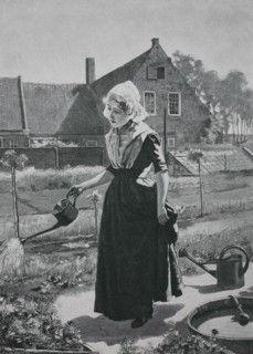 Girl watering in the home garden