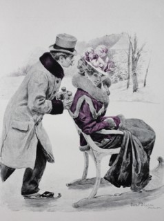 Man with skates slides his wife on a chair sled across the ice