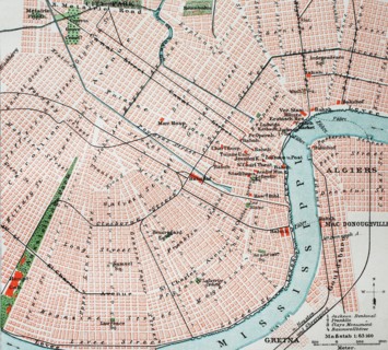 Historical map of the city of New Orleans and the Mississippi river