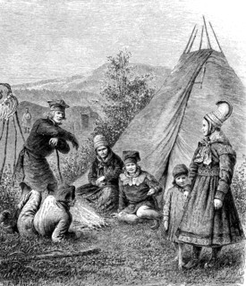 fjeld people in festivity dree in front of their tents