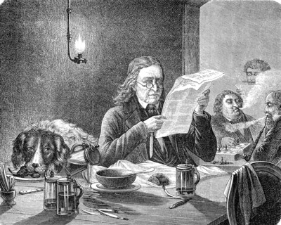 While the man is reading in the newspaper