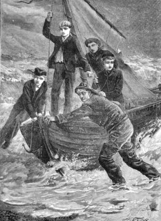 Men bring a boat to the beach  /  Männer bringen ein Boot an den Strand