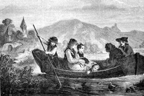 Boat crossing the river Rhine at Bingen