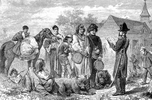 a group of gypsies is stopped and controlled by the village policeman  /  eine Gruppe Zigeuner wird vom Dorfpolizist aufgehalten und kontrolliert