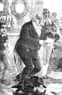 old man with a burning hat stumbles over a dog  /  alter Mann mit einem brennenden Hut stolpert über einen Hund