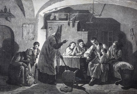 Saint Nicholas visits the family and asks the child if it was a good one and he can give nuts to him  /  Der heilige Nikolaus besucht die Familie und fragt das Kind