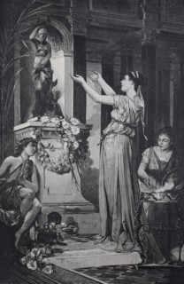 A bride sacrifices flowers to a goddess in ancient Rome
