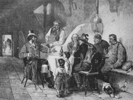 a dressed-up attire talks to the people in a restaurant  /  Menschen in alpenländischer Tracht in einem Restaurant