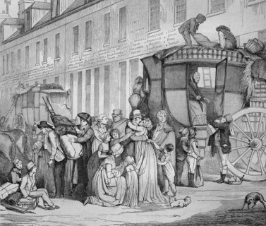 Arrival of a stagecoach at the station on Louvre