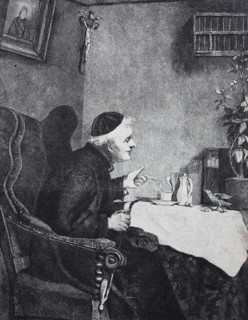 Priest sits at the table and has caught a bird eating the cake crumbs  /  Priester sitzt am Tisch und hat einen Vogel beim Auflesen der Kuchenkrümel ertappt