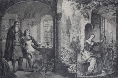 The goldsmith journeyman observes a woman on a spinning wheel  /  Der Goldschmiedegeselle beobachtet eine Frau am Spinnrad
