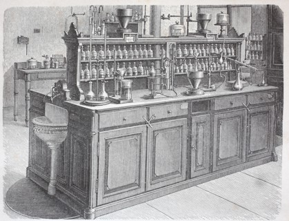 View of a worktable in the chemical laboratory of the University of Leipzig