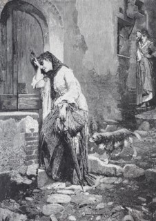 Tired street vendor leans against a house