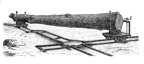 Transport eines Baumstammes mittels Trucks auf Schienen  /  Transporting a tree trunk by truck on rails