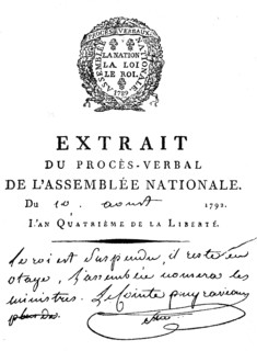 Facsimile of the decree of the National Assembly of 10 August 1792