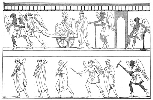 Good and evil spirits lead the soul to the court of the dead