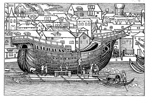 A large ocean-going vessel under construction of the Hanseatic League of Cities in the 15th century