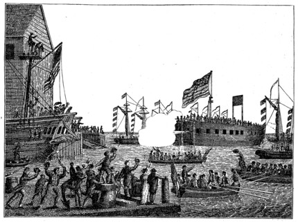 Launch of the first war steamer Fulton I in New York on 29 October 1814  /  Stapellauf des ersten Kriegsdampfers Fulton I. in New York am 29. Oktober 1814