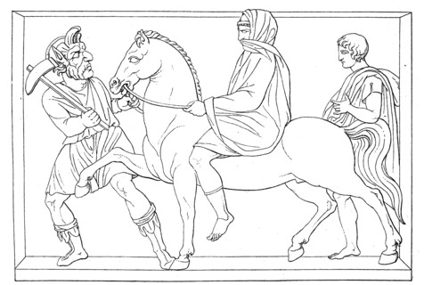 The Etruscan death god Charon drags a nobleman accompanied by a servant away to slay him  /  Der etrusikische Todesgott Charon schleppt einen von einem Diener begleiteten Vornehmen fort