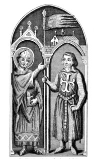 A bishop presents a crusader with the Oriflamme