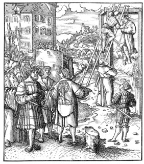Richtstätte mit Rad und Galgen im 15. Jahrhundert  /  Execution site with wheel and gallow in the 15th century
