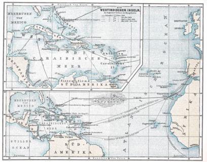 historical map with an overview of Christopher Columbus travels  /  historische Landkarte mit einer Übersicht zu den Reisen des Christoph Kolumbus