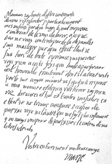 Handwritten copy of Maria Stuart's letter to the French ambassador to England  /  eigenhändige Nachschrift der Maria Stuart zu einem Brief an den französischen Gesandten in England