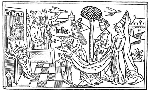Esther kneels before Asverus