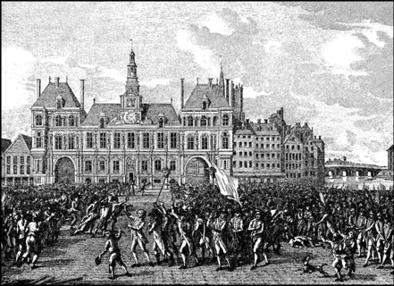 The heads of de Launay and Flesselles be carried around in front of the town house in Paris on pikes 14 July 1789 franzöische Revolution