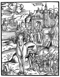The Trojan horse. The Greeks get into the wooden horse at the siege of Troy  /  Das trojanische Pferd. Die Griechen steigen in das hoelzerne Pferd bei der Belagerung von Troja
