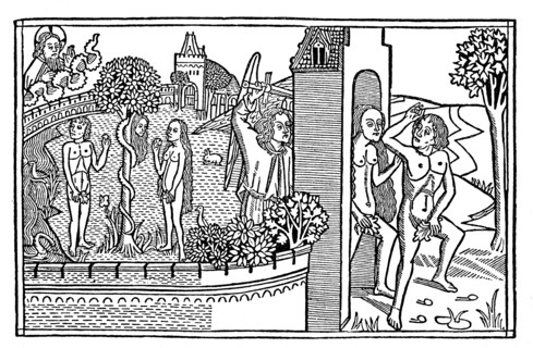 The Fall and the expulsion from Paradise. From the Coelner Bible