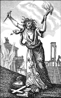 Satire on the French Republic in robes with skulls between firestorm and guillotine