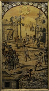 Spanish conquest of the Aztec Empire, Board 3 belonging to a set of 24 boards made with the "enconchado" technique