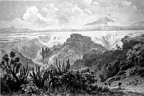 Canyon Barranca of Santa Maria with the mountain Peak of Orizaba in Mexico in 1880  /  Schlucht Barranca von Santa Maria mit dem Berg Pik von Orizaba in Mexiko im Jahre 1880