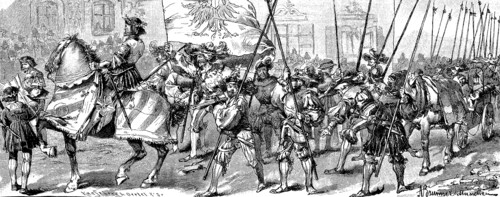 The procession of Landsknechte at the unveiling of the war memorial in Tölz
