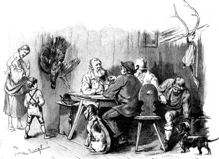 Meeting of hunters after hunting in forester's lodge for a drink