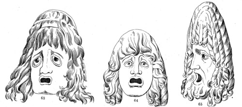 The theater in ancient Greece tragedy masks. Pale virgin with reduced falling Harr