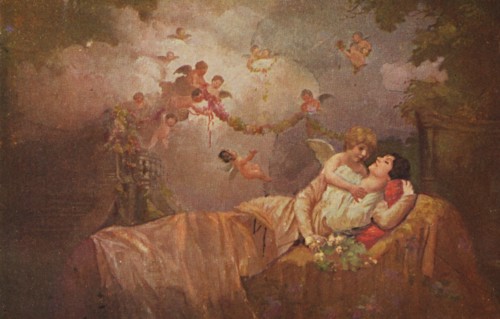 Historical congratulatory card with angels to bring happiness to a woman