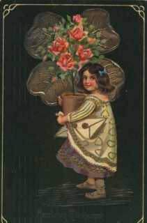 Historical congratulatory card with a child and a large potted plant