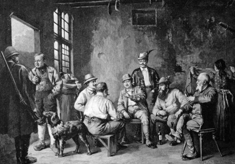 Meeting of hunters in the village inn