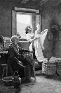 Newborn baby with mother and grandparents in a farmhouse in Austria