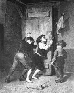 Three boys have locked their playmate into a chamber and block the door