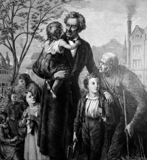 Father with children and an old man on the village square