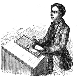 Blind man writing in Braille