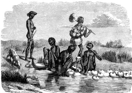 Bakalahari women scooping water with ostrich eggs