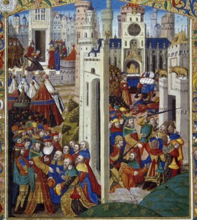 Group of men pleading and scene of a massacre.