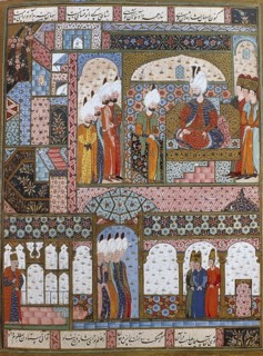 Miniature depicting Suleiman the Magnificent legislating in the Topkapi Palace.