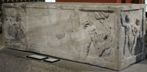 Roman sarcophagus of the veteran Vitalis, with scenes from Greek mythology about Hercules and Theseus.